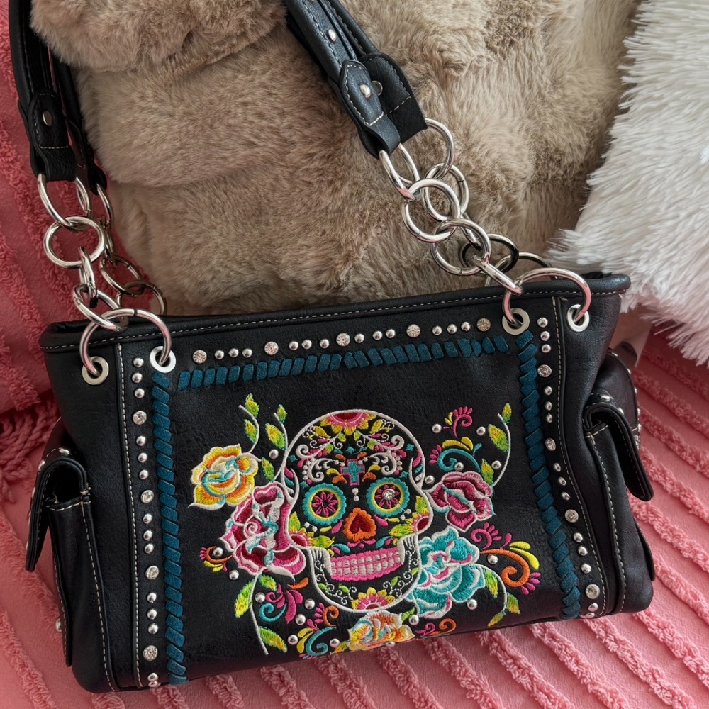 Montana West multi-color Embroidered Skull Black Handbag